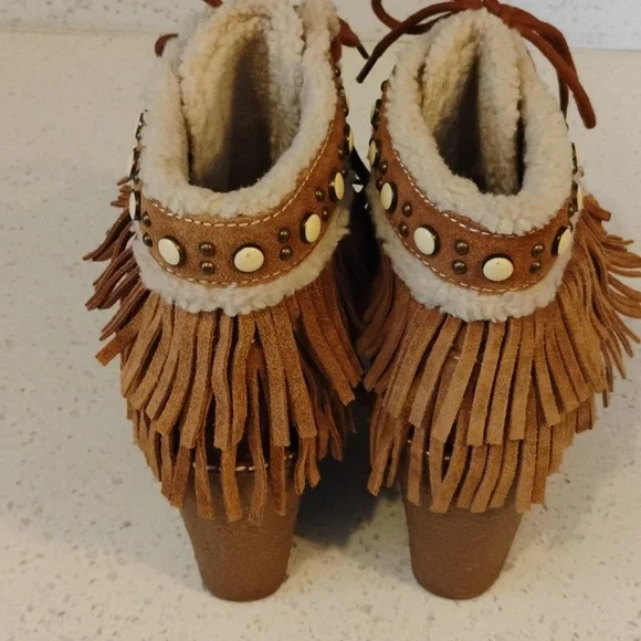 Fringe Suede Wedge Boots - Brown SAM  EDELMAN Size 8.5 Women - Picture 3 of 6